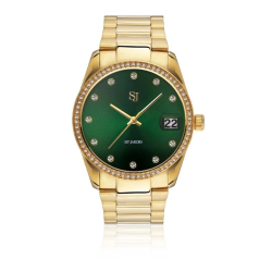 Aurora - Forgyldt rustfrit stl med grn metallisk urskive og hvide zirconia