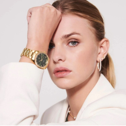 Aurora - Forgyldt rustfrit stl med grn metallisk urskive og hvide zirconia