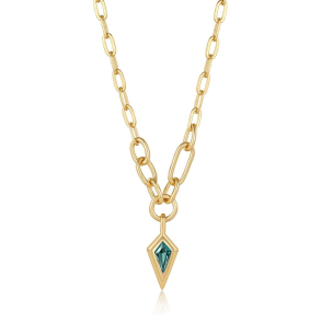 Gold Teal Sparkle Drop Pendant Chunky Chain - Forgyldt Halsk�de