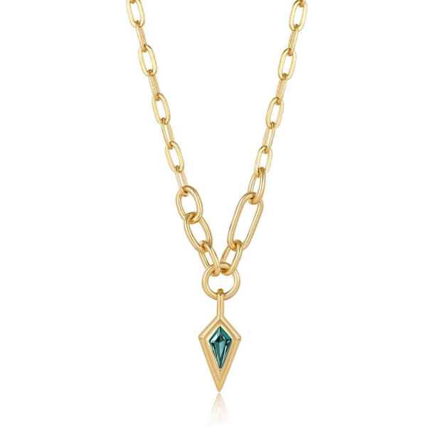 Gold Teal Sparkle Drop Pendant Chunky Chain - Forgyldt Halskde