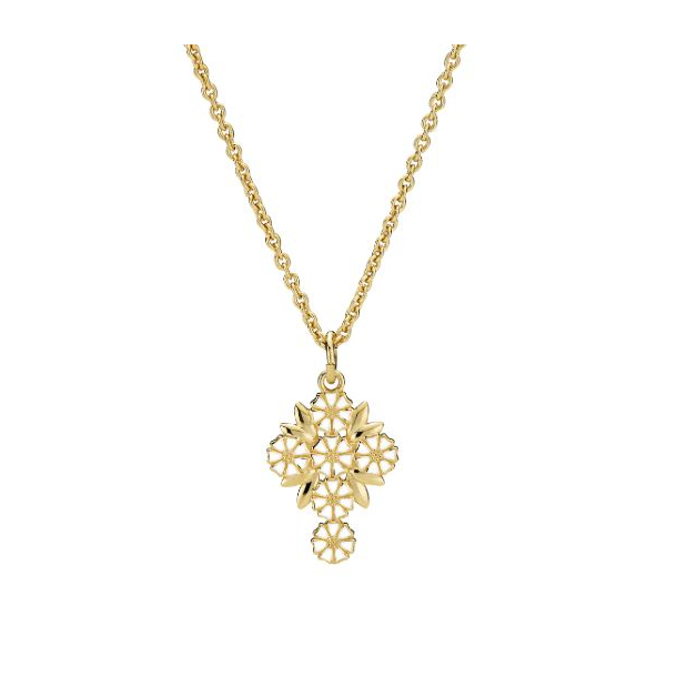 Marguerit collier kors, forgyldt slv hvid emajle 