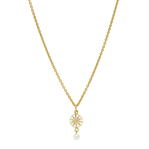 MARGUERIT COLLIER 9MM MED FERSKVANDSPERLE 4-4,5MM 24KT FORGYLDT HVID EMALJE 