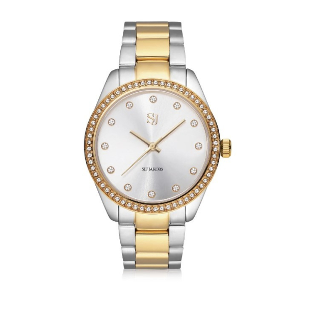 Valeria - Forgyldt rustfrit stl med slv metallisk urskive og hvide zirconia